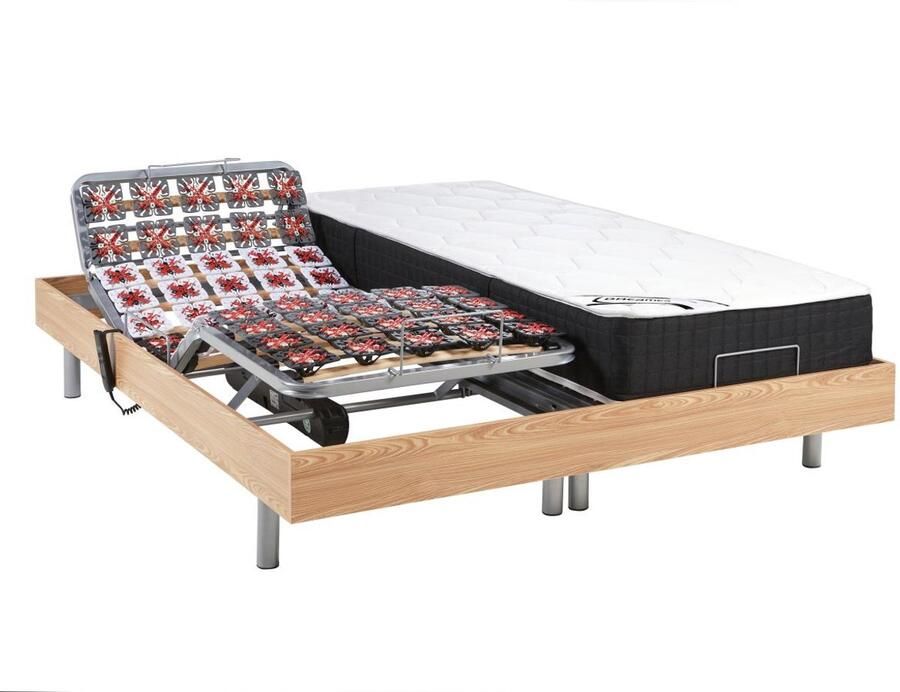 Vente-unique Elektrisch relaxbed met pocketveren en vormgeheugenmatras PHANES van DREAMEA OKIN motoren Eikenkleur 2 x 80 x 200 cm L 200 cm x H 35 cm x D 160 cm