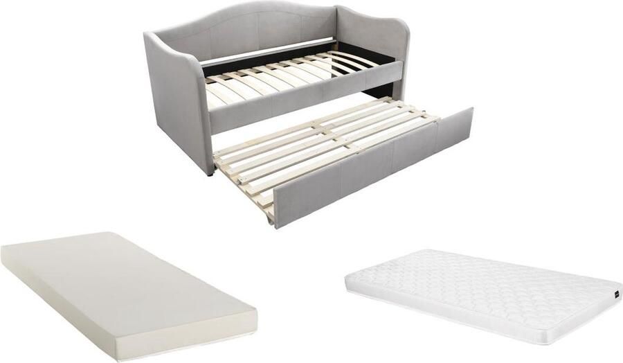 Vente-unique Bedbank met uitschuifbed 2 x 90 x 190 cm Fluweel Lichtgrijs + Matras MATHILDE L 203 cm x H 99 cm x D 101.5 cm
