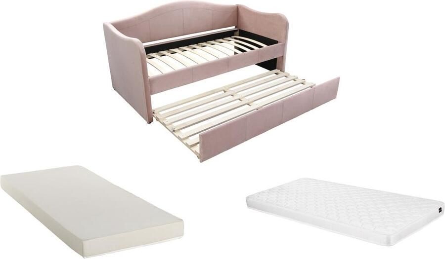 Vente-unique Bedbank met uitschuifbed 2 x 90 x 190 cm Fluweel Roze + Matras MATHILDE L 203 cm x H 99 cm x D 101.5 cm