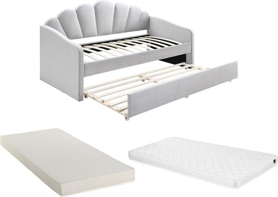 Vente-unique Uitschuifbaar schelpvormig bed 2 x 90 x 190 cm Velours Lichtgrijs + matras ELUSIA L 204 cm x H 116.5 cm x D 100 cm