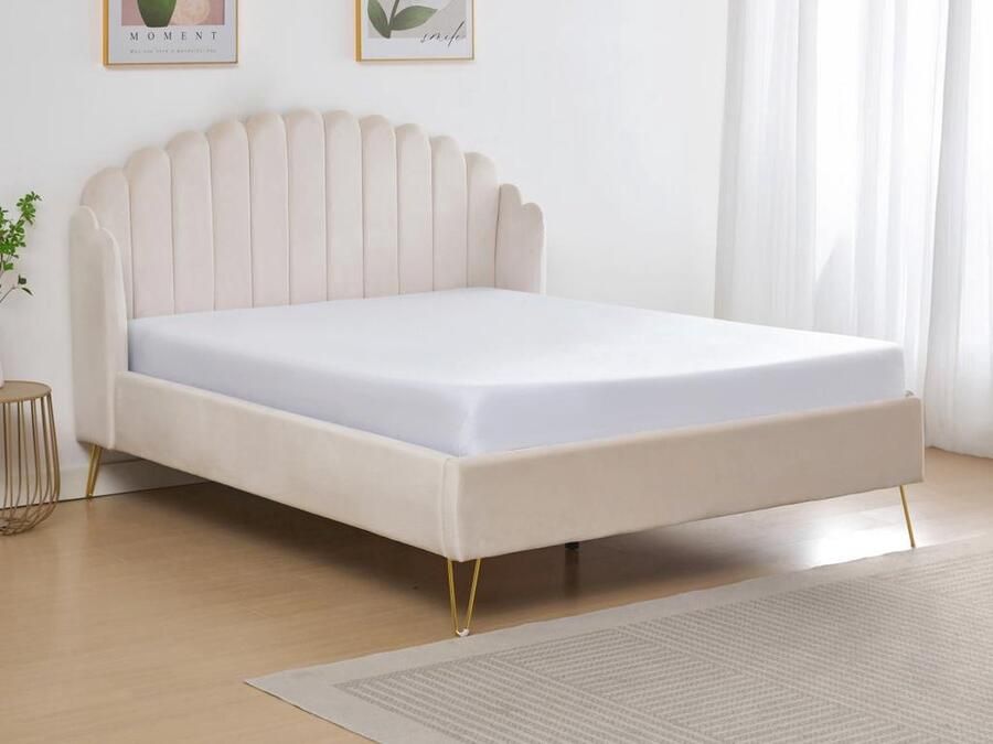 Vente-unique Bed van 160 x 200 cm met golvend hoofdbord Fluweel Beige + Matras SAGALI L 178 cm x H 126 cm x D 213 cm - Foto 2