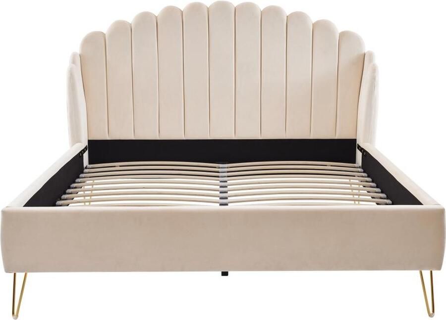 Vente-unique Bed van 160 x 200 cm met golvend hoofdbord Fluweel Beige SAGALI L 178 cm x H 126 cm x D 213 cm