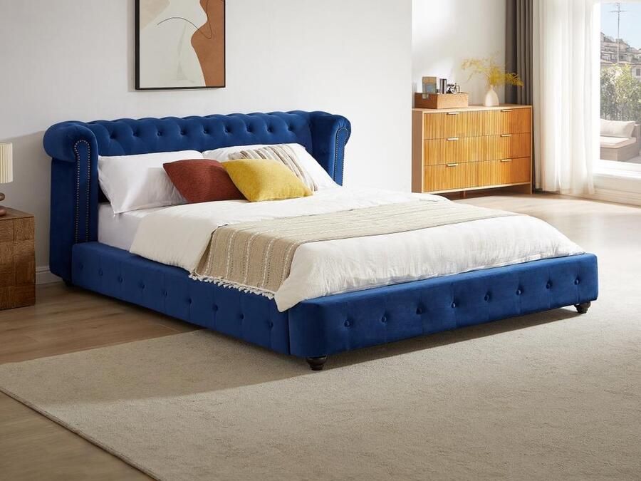 Vente-unique Bed met opbergruimte 160 x 200 cm Velours Koningsblauw TONGERLA L 202 cm x H 92 cm x D 246 cm - Foto 2
