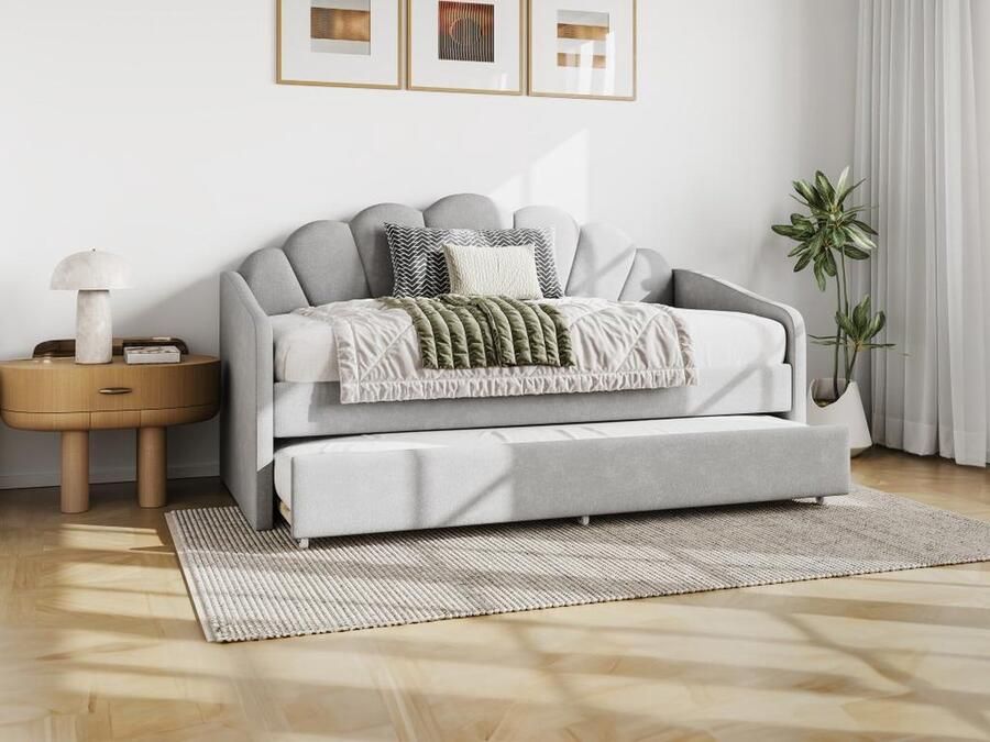 Vente-unique Uitschuifbaar schelpvormig bed 2 x 90 x 190 cm Velours Lichtgrijs + matras ELUSIA L 204 cm x H 116.5 cm x D 100 cm - Foto 2