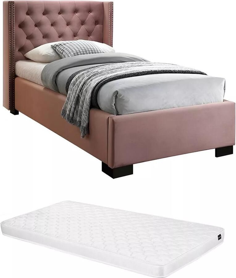 Vente-unique Bed MASSIMO met gewatteerd hoofdbord 90 x 200 cm Roze fluweel + Matras L 216 cm x H 111.5 cm x D 114 cm