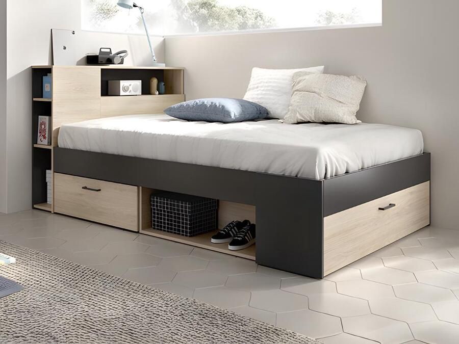 Vente-unique Bed met hoofdeinde met opbergruimte en lades 120 x 190cm naturel en antraciet + Bedbodem LEANDRE L 217.3 cm x H 95 cm x D 129.6 cm