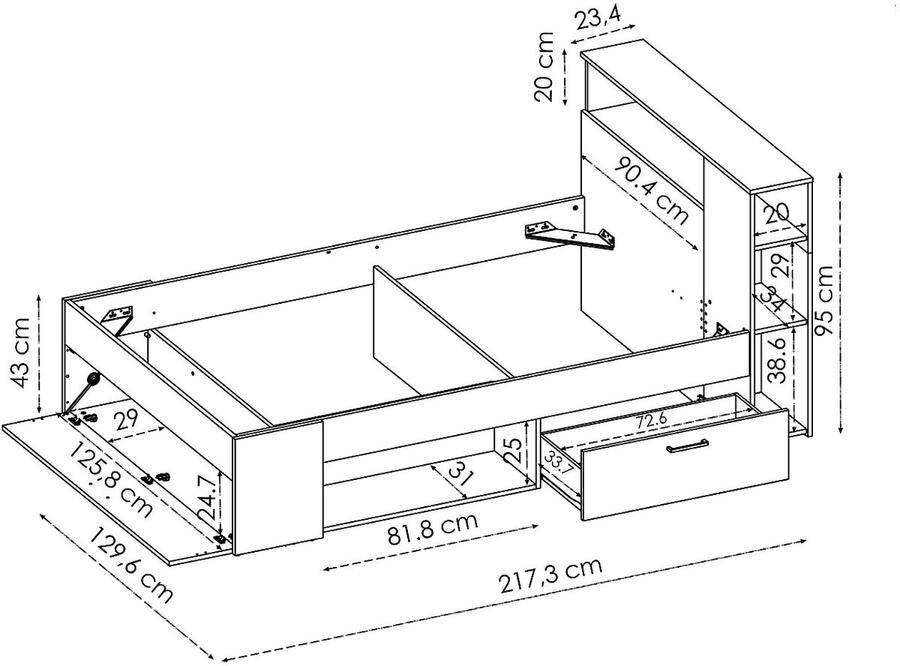 Vente-unique Bed met hoofdeinde met opbergruimte en lades 120 x 190cm naturel en antraciet + Bedbodem + Matras LEANDRE L 217.3 cm x H 95 cm x D 129.6 cm - Foto 2
