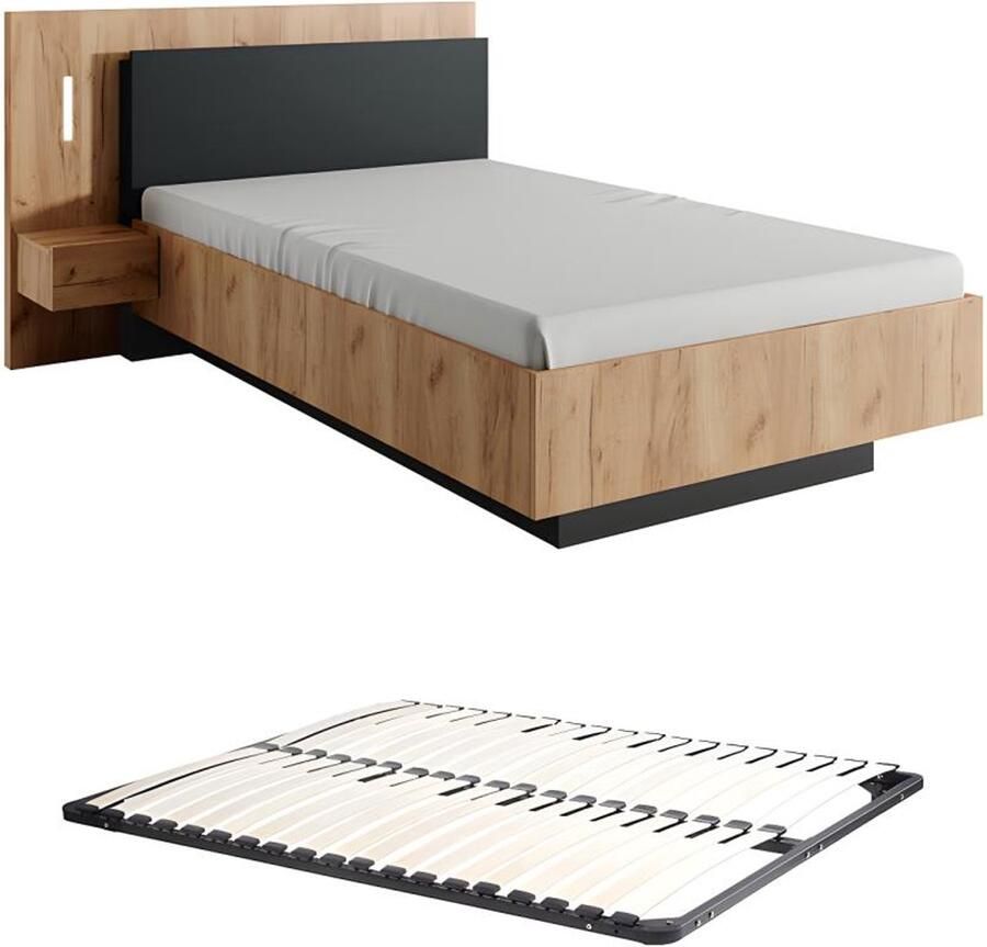 Vente-unique Bed met nachtkastjes 120 x 200 cm 2 lades Met ledverlichting naturel en antraciet + bedbodem FRANCOLI L 220 cm x H 102 cm x D 157 cm