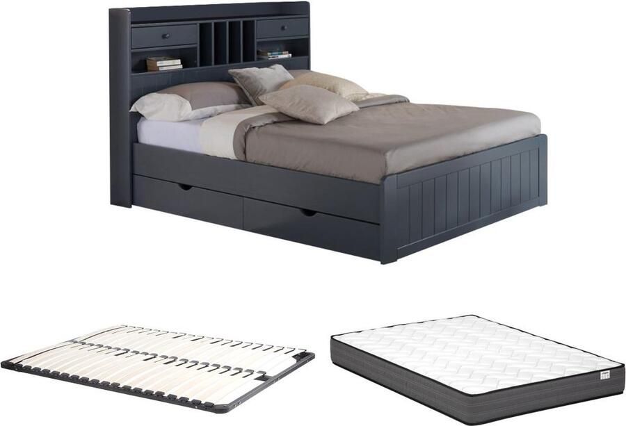 Vente-unique Bed met opbergruimte 140 x 190 cm Grenen Antraciet + bedbodem + matras MEDERICK L 211.2 cm x H 115.6 cm x D 148 cm - Foto 3