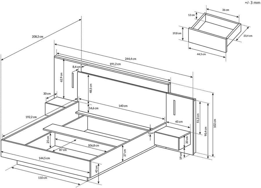 Vente-unique Bed met nachtkastjes 140 x 190 cm 2 lades Met ledverlichting naturel en antraciet + bedbodem + matras FRANCOLI L 244.4 cm x H 102 cm x D 208.2 cm - Foto 2