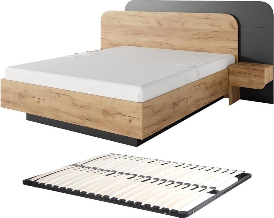 Vente-unique Bed met nachtkastjes 160 x 200 cm Met ledverlichting naturel en antraciet + bedbodem DESADO L 245.2 cm x H 115.6 cm x D 208.8 cm