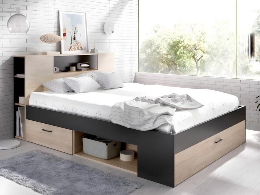 Vente-unique Bed met hoofdeinde met opbergruimte en lades 160 x 200 cm naturel en antraciet + bedbodem + matras LEANDRE L 228.5 cm x H 95 cm x D 169.5 cm - Foto 2