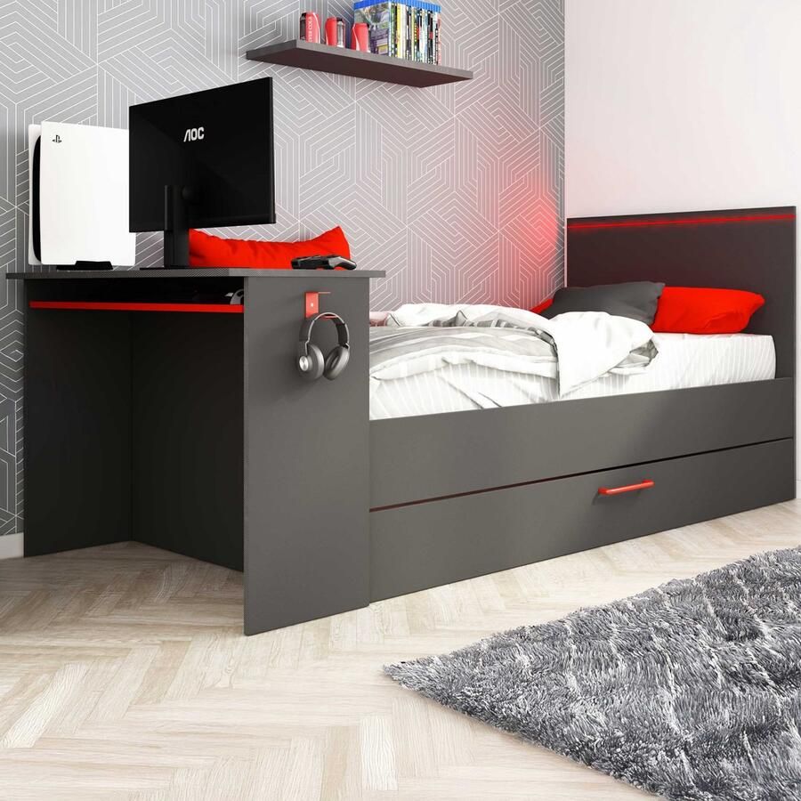 Trasman Bed Bzone 90x200 cm met bedlade bureau en ledverlichting antraciet Gamingbedden Antraciet Melamine; Spaanplaat Gamingbedden Eenpersoons Normaal bed Op voorraad - Foto 2