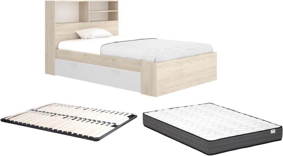 Vente-unique Bed met opbergruimte 120 x 190 cm houtlook en wit + bedbodem + matras VARDIEL L 217.6 cm x H 110 cm x D 127.4 cm