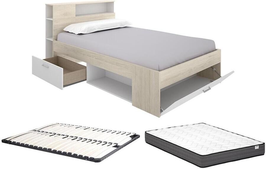 Vente-unique Bed met hoofdbord met opbergruimte en lade 120 x 190 cm Naturel en wit + bedbodem + matras LEANDRE L 218.5 cm x H 95 cm x D 129.5 cm