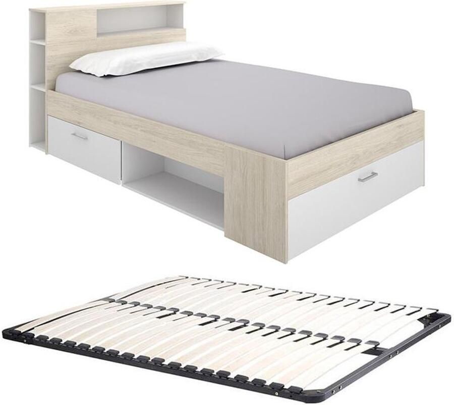 Vente-unique Bed met hoofdeinde met opbergruimte en lade 120 x 190cm naturel en wit + Bedbodem LEANDRE L 218.5 cm x H 95 cm x D 129.5 cm