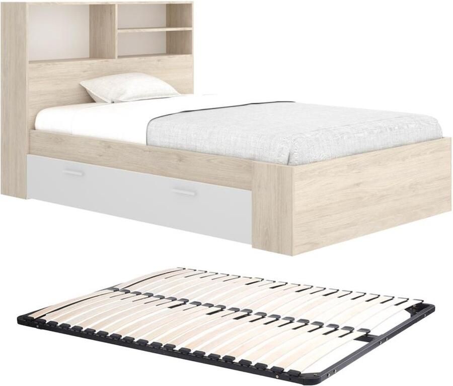Vente-unique Bed met opbergruimte 120 x 190 cm houtlook en wit + bedbodem VARDIEL L 217.6 cm x H 110 cm x D 127.4 cm