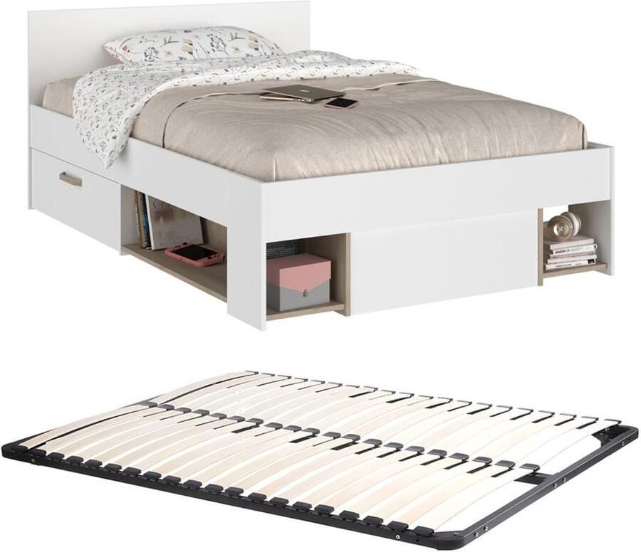 Vente-unique Bed met opbergruimte – 120 x 190 cm – Wit en houtlook – Met bedbodem – KINSELIA L 124 cm x H 76 cm x D 203.4 cm