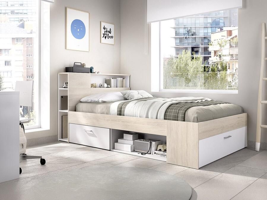 Vente-unique Bed met hoofdbord met opbergruimte en lade 120 x 190 cm Naturel en wit + bedbodem + matras LEANDRE L 218.5 cm x H 95 cm x D 129.5 cm - Foto 2