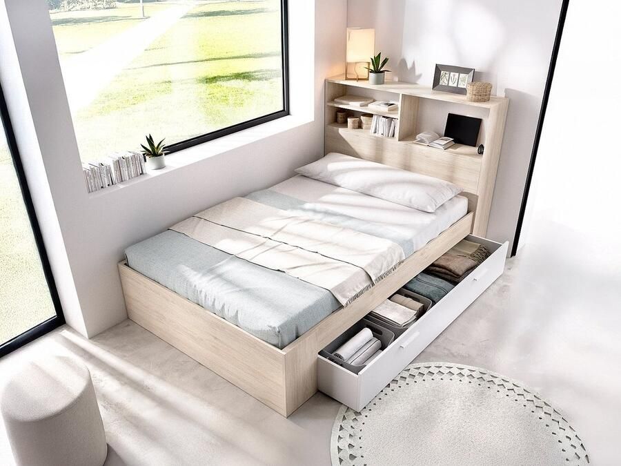 Vente-unique Bed met opbergruimte 120 x 190 cm houtlook en wit + bedbodem + matras VARDIEL L 217.6 cm x H 110 cm x D 127.4 cm - Foto 2