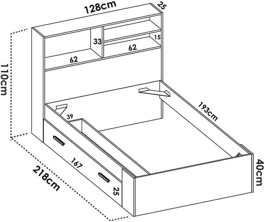 Vente-unique Bed met opbergruimte 120 x 190 cm houtlook en wit VARDIEL L 217.6 cm x H 110 cm x D 127.4 cm - Foto 2