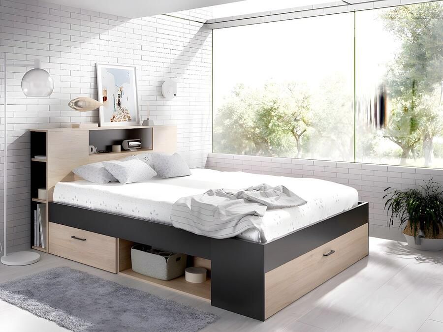 Vente-unique Bed met hoofdbord met opbergruimte en lade 120 x 190 cm Naturel en wit + bedbodem + matras LEANDRE L 218.5 cm x H 95 cm x D 129.5 cm - Foto 3