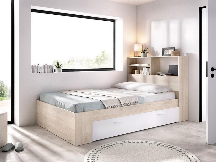 Vente-unique Bed met opbergruimte 120 x 190 cm houtlook en wit + bedbodem + matras VARDIEL L 217.6 cm x H 110 cm x D 127.4 cm - Foto 3