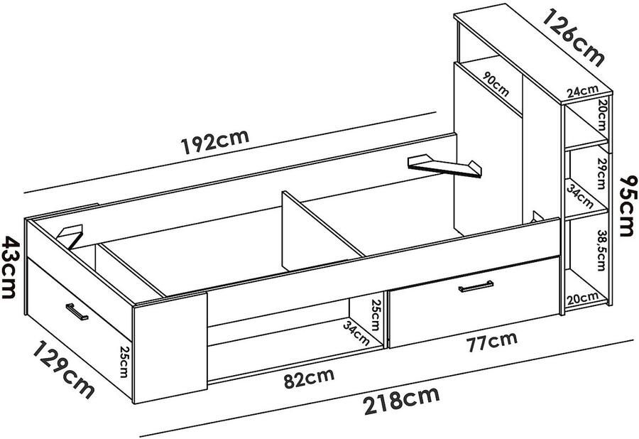 Vente-unique Bed met hoofdbord met opbergruimte en lade 120 x 190 cm Naturel en wit + bedbodem + matras LEANDRE L 218.5 cm x H 95 cm x D 129.5 cm - Foto 5
