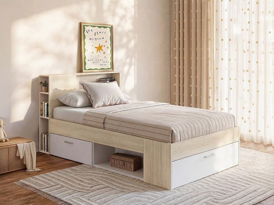 Vente-unique Bed met hoofdbord met opbergruimte en lade 120 x 190 cm Naturel en wit + bedbodem + matras LEANDRE L 218.5 cm x H 95 cm x D 129.5 cm - Foto 4