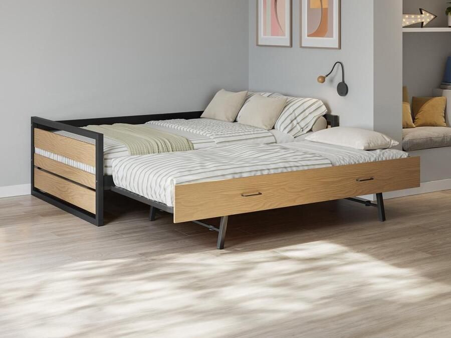 Vente-unique Bed met opbergruimte – 120 x 190 200 cm – Wit en houtlook – KINSELIA L 124 cm x H 76 cm x D 203.4 cm