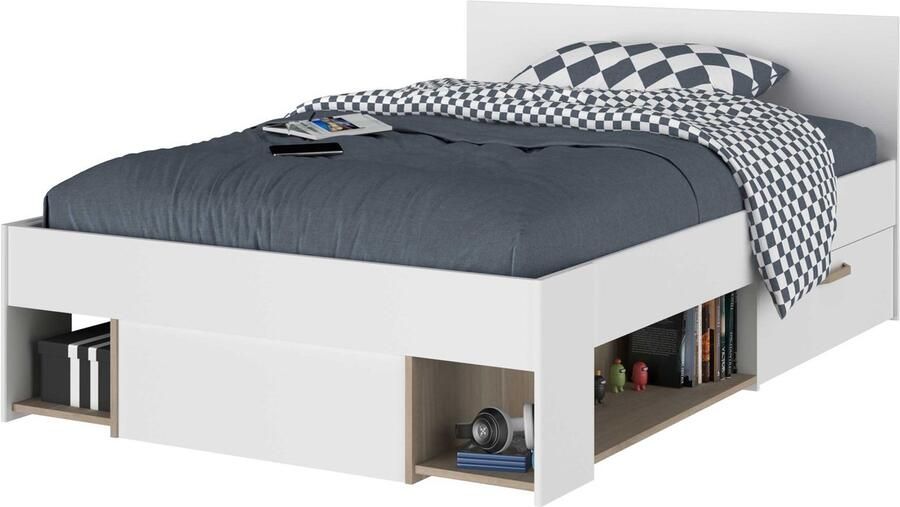 Vente-unique Bed met opbergruimte – 120 x 190 200 cm – Wit en houtlook – KINSELIA L 124 cm x H 76 cm x D 203.4 cm - Foto 5
