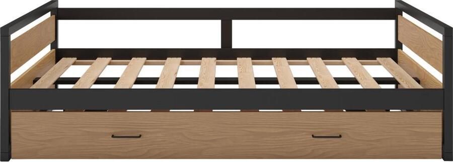 Vente-unique Uitschuifbed 120 x 200 en 90 x 200 cm Mdf grenen en metaal Houteffect en donkergrijs BOSTON L 210 cm x H 62 cm x D 132.2 cm