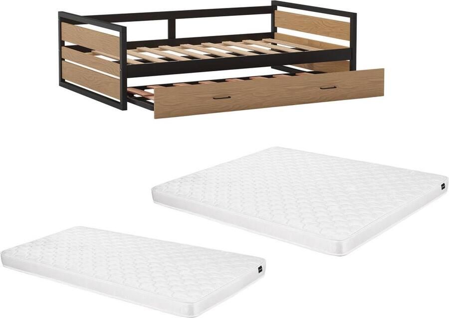 Vente-unique Uitschuifbaar bed 120 x 200 en 90 x 200 cm Mdf grenen en metaal Naturel en antraciet + matras BOSTON L 210 cm x H 62 cm x D 132.2 cm - Foto 2