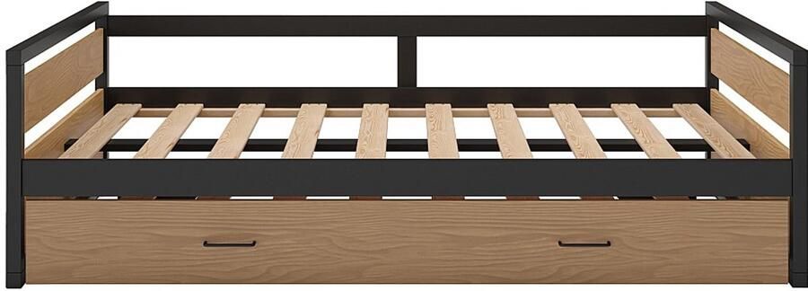 Vente-unique Uitschuifbaar bed 120 x 200 en 90 x 200 cm Mdf grenen en metaal Naturel en antraciet + matras BOSTON L 210 cm x H 62 cm x D 132.2 cm