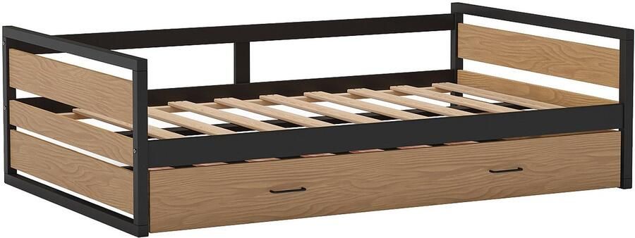Vente-unique Uitschuifbaar bed 120 x 200 en 90 x 200 cm Mdf grenen en metaal Naturel en antraciet + matras BOSTON L 210 cm x H 62 cm x D 132.2 cm - Foto 3