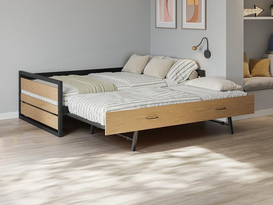 Vente-unique Uitschuifbaar bed 120 x 200 en 90 x 200 cm Mdf grenen en metaal Naturel en antraciet + matras BOSTON L 210 cm x H 62 cm x D 132.2 cm - Foto 2
