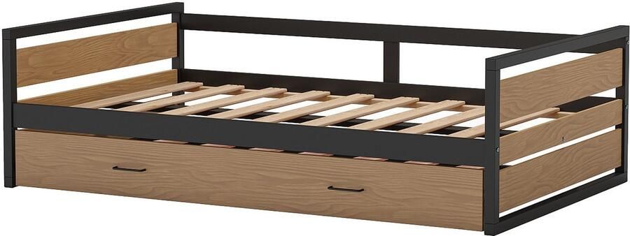 Vente-unique Uitschuifbaar bed 120 x 200 en 90 x 200 cm Mdf grenen en metaal Naturel en antraciet + matras BOSTON L 210 cm x H 62 cm x D 132.2 cm - Foto 4