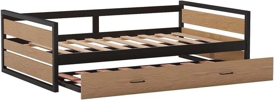 Vente-unique Uitschuifbaar bed 120 x 200 en 90 x 200 cm Mdf grenen en metaal Naturel en antraciet + matras BOSTON L 210 cm x H 62 cm x D 132.2 cm - Foto 5