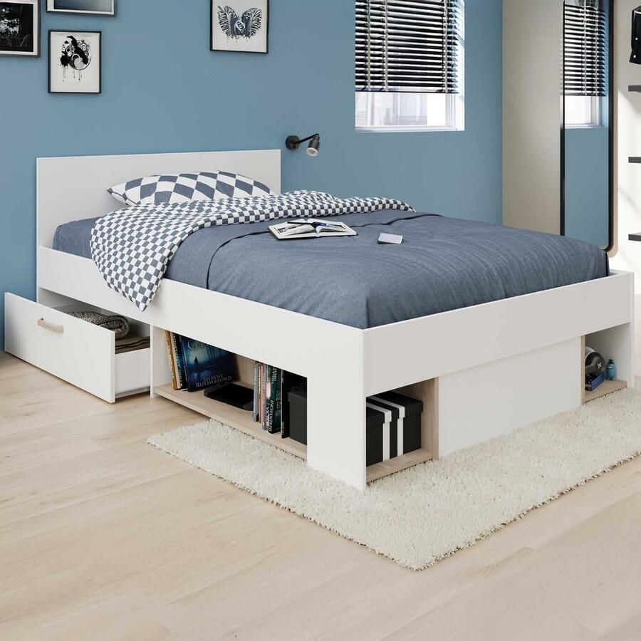 Vente-unique Bed met opbergruimte – 120 x 190 200 cm – Wit en houtlook – KINSELIA L 124 cm x H 76 cm x D 203.4 cm - Foto 2
