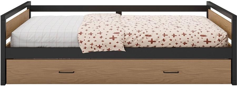 Vente-unique Uitschuifbaar bed 120 x 200 en 90 x 200 cm Mdf grenen en metaal Naturel en antraciet + matras BOSTON L 210 cm x H 62 cm x D 132.2 cm - Foto 6