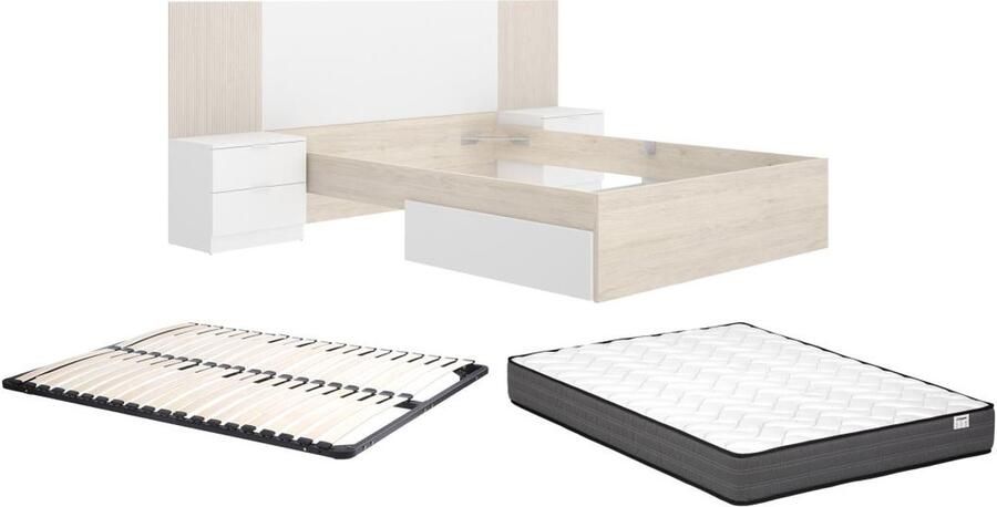 Vente-unique Bed met nachtkastjes 140 x 190 cm houtlook en wit + bedbodem + matras PELORVA L 259 cm x H 106 cm x D 196 cm