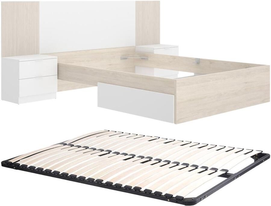Vente-unique Bed met nachtkastjes 140 x 190 cm houtlook en wit + bedbodem PELORVA L 259 cm x H 106 cm x D 196 cm