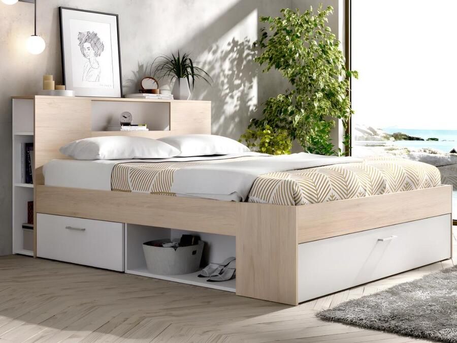 Vente-unique Bed met hoofdeinde met opbergruimte en lades 140 x 190 cm naturel en wit + bedbodem LEANDRE L 218.5 cm x H 95 cm x D 149.6 cm - Foto 2