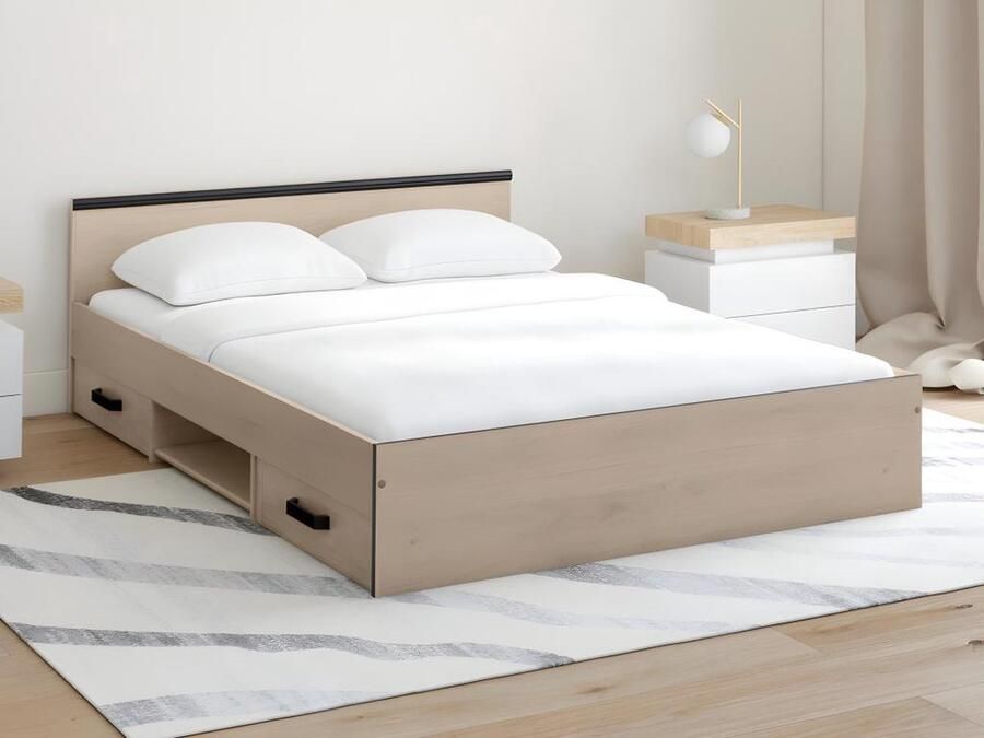 Vente-unique Bed met opbergruimte 140 x 190 cm 2 laden en 1 nis naturel + bedbodem PABLO L 145.8 cm x H 58.9 cm x D 193 cm - Foto 4