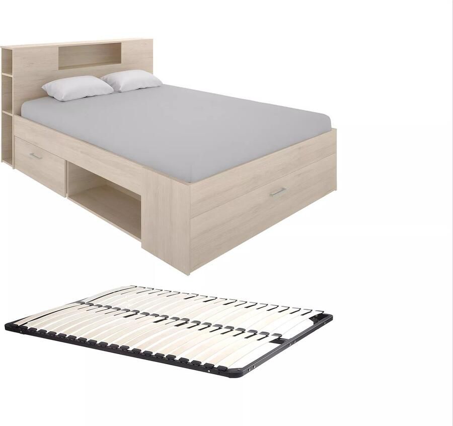 Vente-unique Bed met hoofdeinde met opbergruimte en lades 160 x 200 cm naturel + bedbodem LEANDRE L 228.5 cm x H 95 cm x D 169.5 cm
