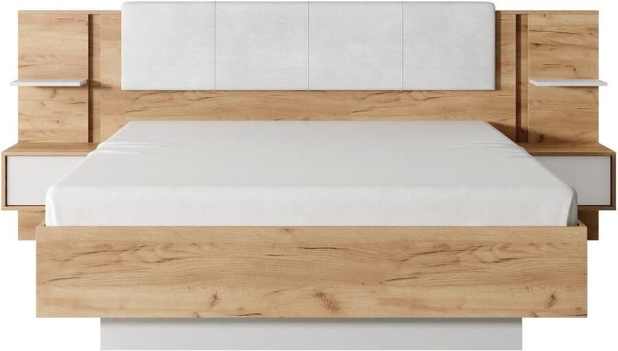 Vente-unique Bed met nachtkastjes 160 x 200 cm Met ledverlichting houtlook en wit ELYNIA L 256.4 cm x H 104.4 cm x D 210 cm