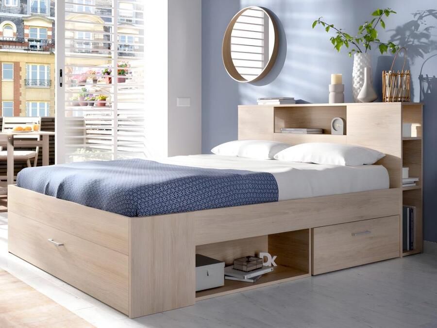 Vente-unique Bed met hoofdeinde met opbergruimte en lades 160 x 200 cm naturel + bedbodem LEANDRE L 228.5 cm x H 95 cm x D 169.5 cm - Foto 2