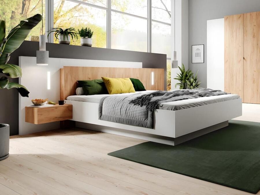 Vente-unique Bed met hangende nachtkastjes 160 x 200 cm 2 laden Met ledverlichting Wit en naturel FRANCOLI L 264.4 cm x H 102 cm x D 218.2 cm