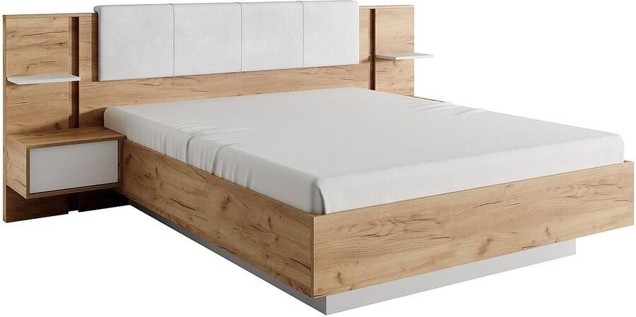 Vente-unique Bed met nachtkastjes 160 x 200 cm Met ledverlichting houtlook en wit + bedbodem ELYNIA L 256.4 cm x H 104.4 cm x D 210 cm - Foto 4