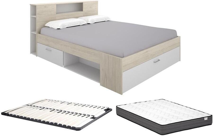 Vente-unique Bed met hoofdeinde met opbergruimte en lade 180 x 200 cm naturel en wit + Bedbodem + Matras LEANDRE L 228.5 cm x H 95 cm x D 189.5 cm